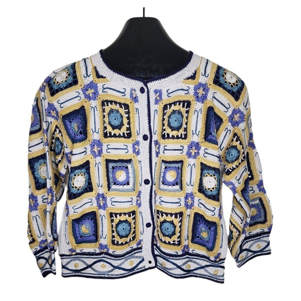 Vintage 80s Peruvian Connection Granny Square Patchwork Cardigan Sweater Womens
